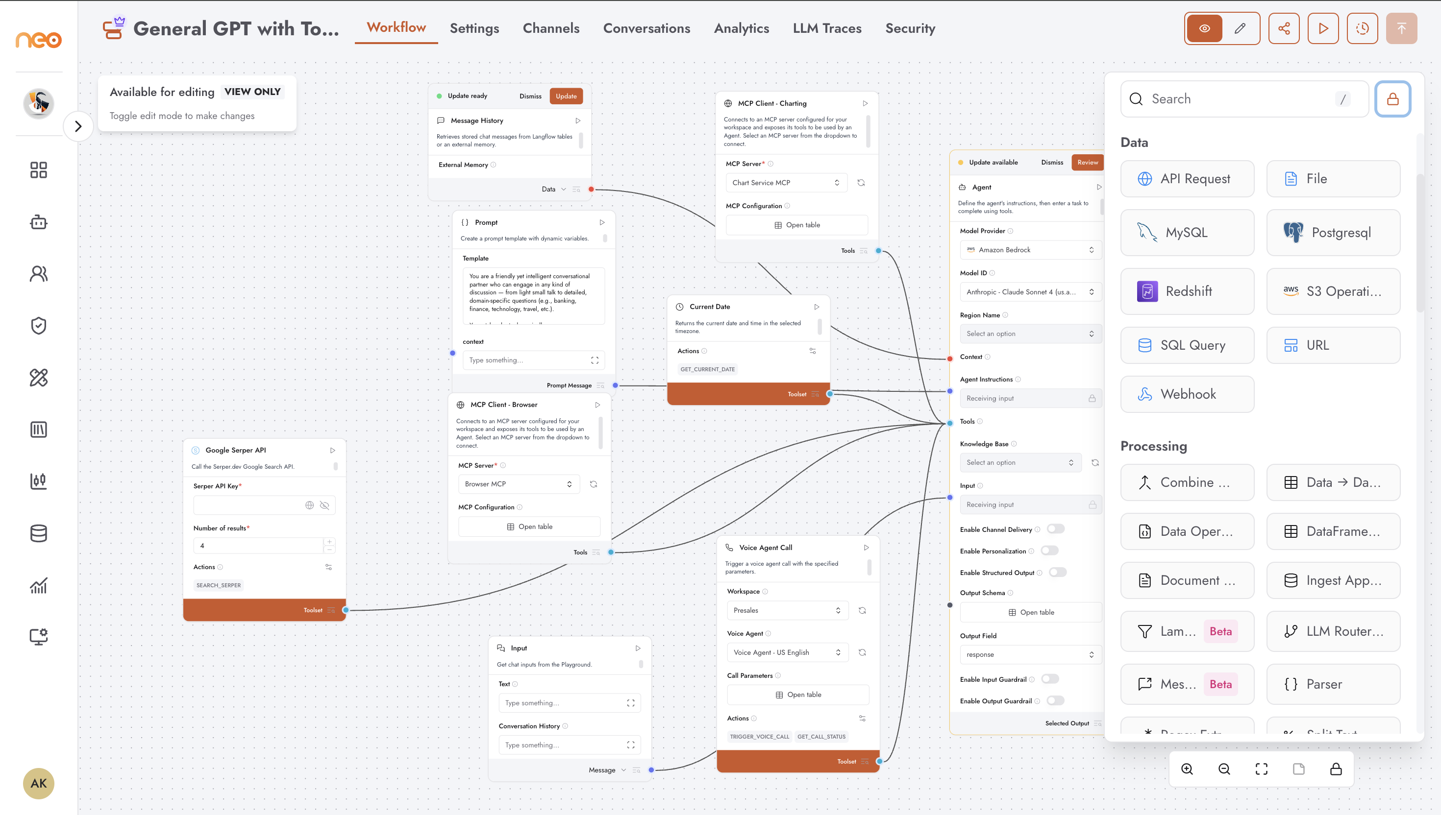 Agentic Flow component sidebar showing all categories