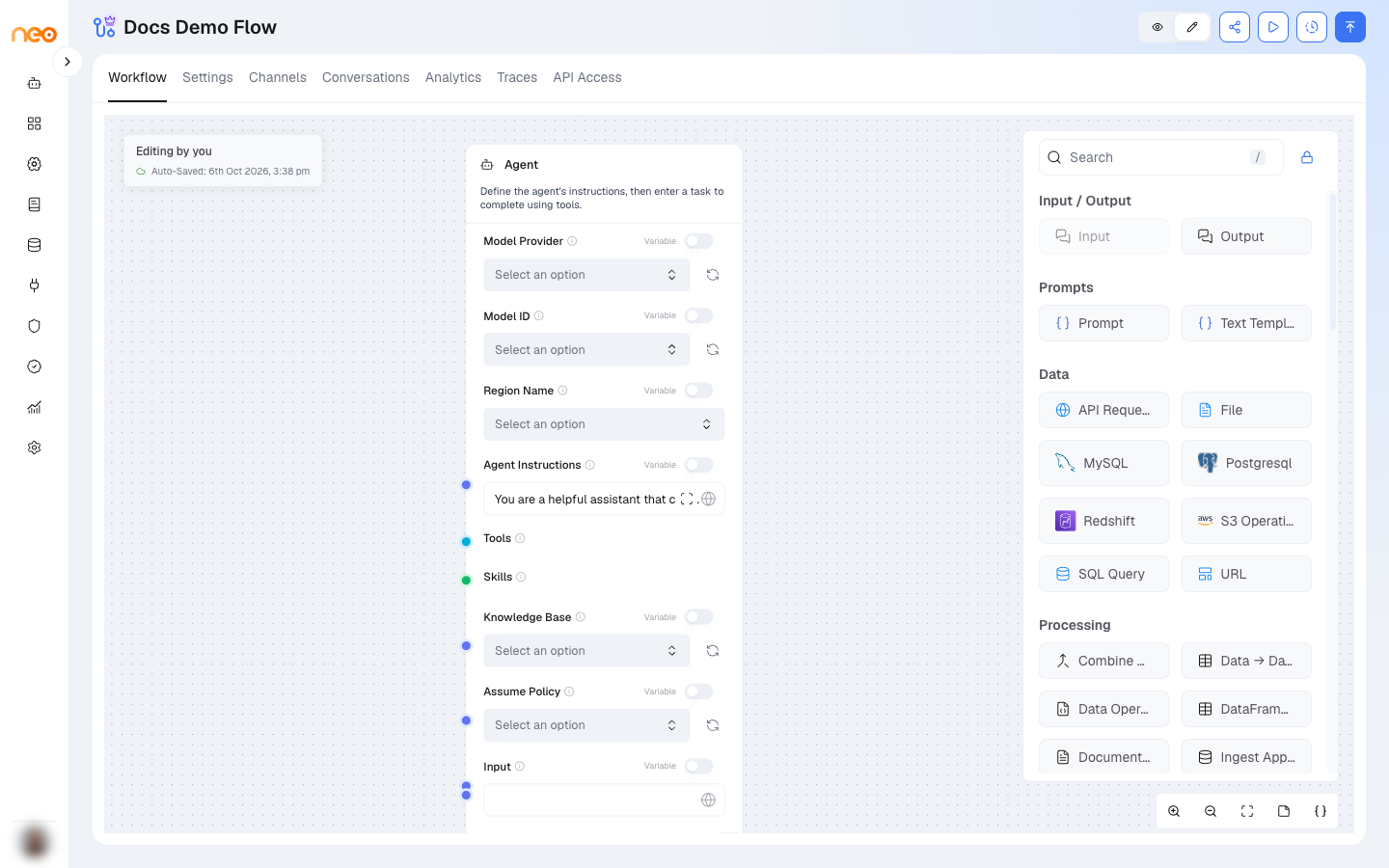 Agentic Flow editor with an Agent component and the component panel