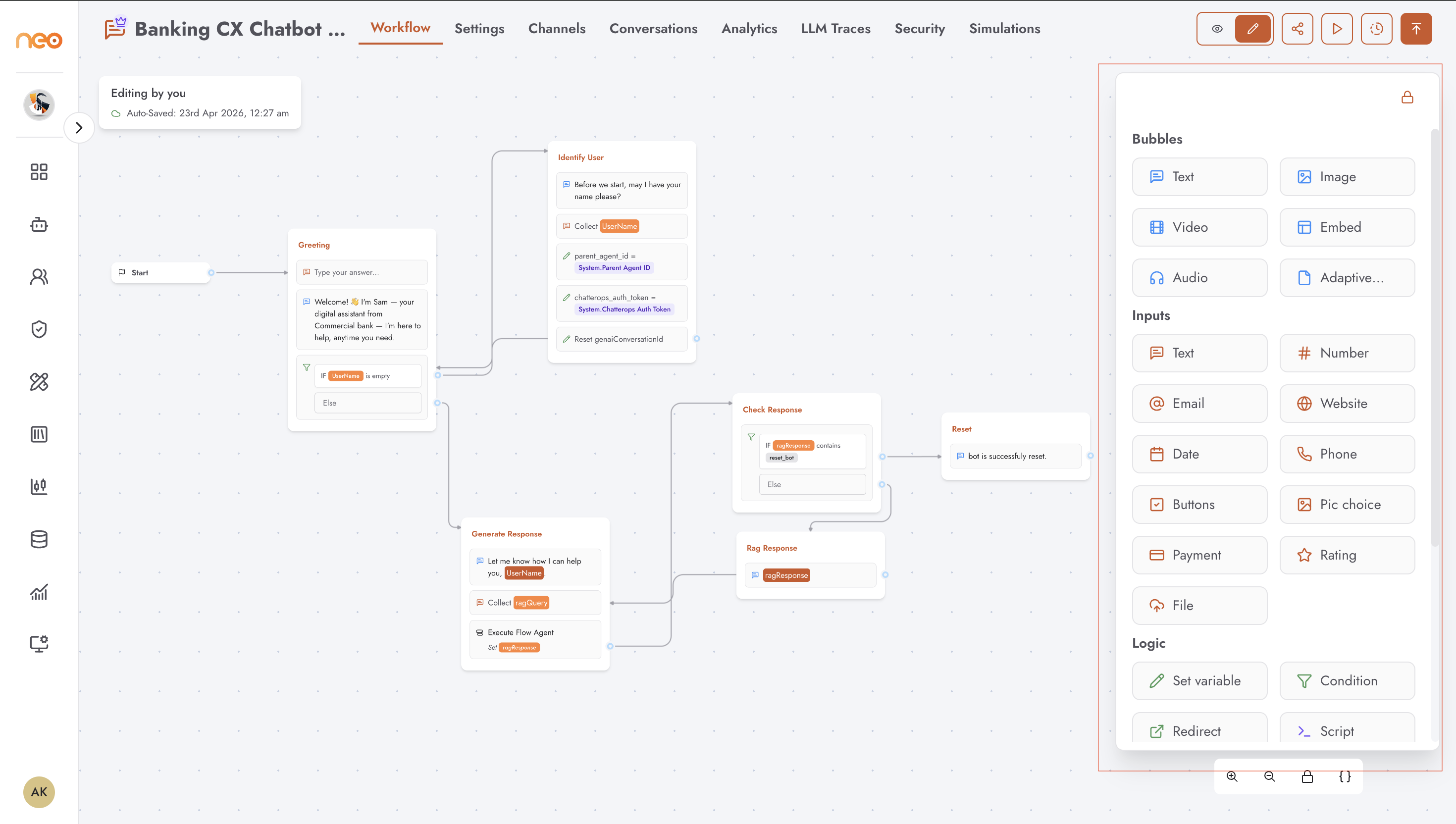 Chatbot block sidebar showing all four categories
