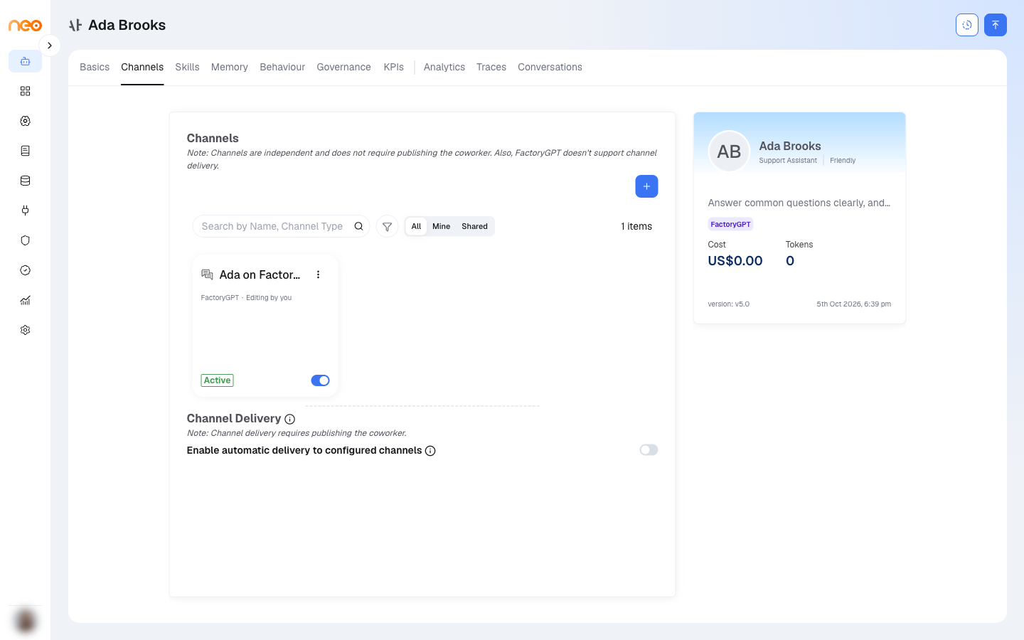 Channels tab — configured channels, the + (Add channel) button, and the Channel Delivery section