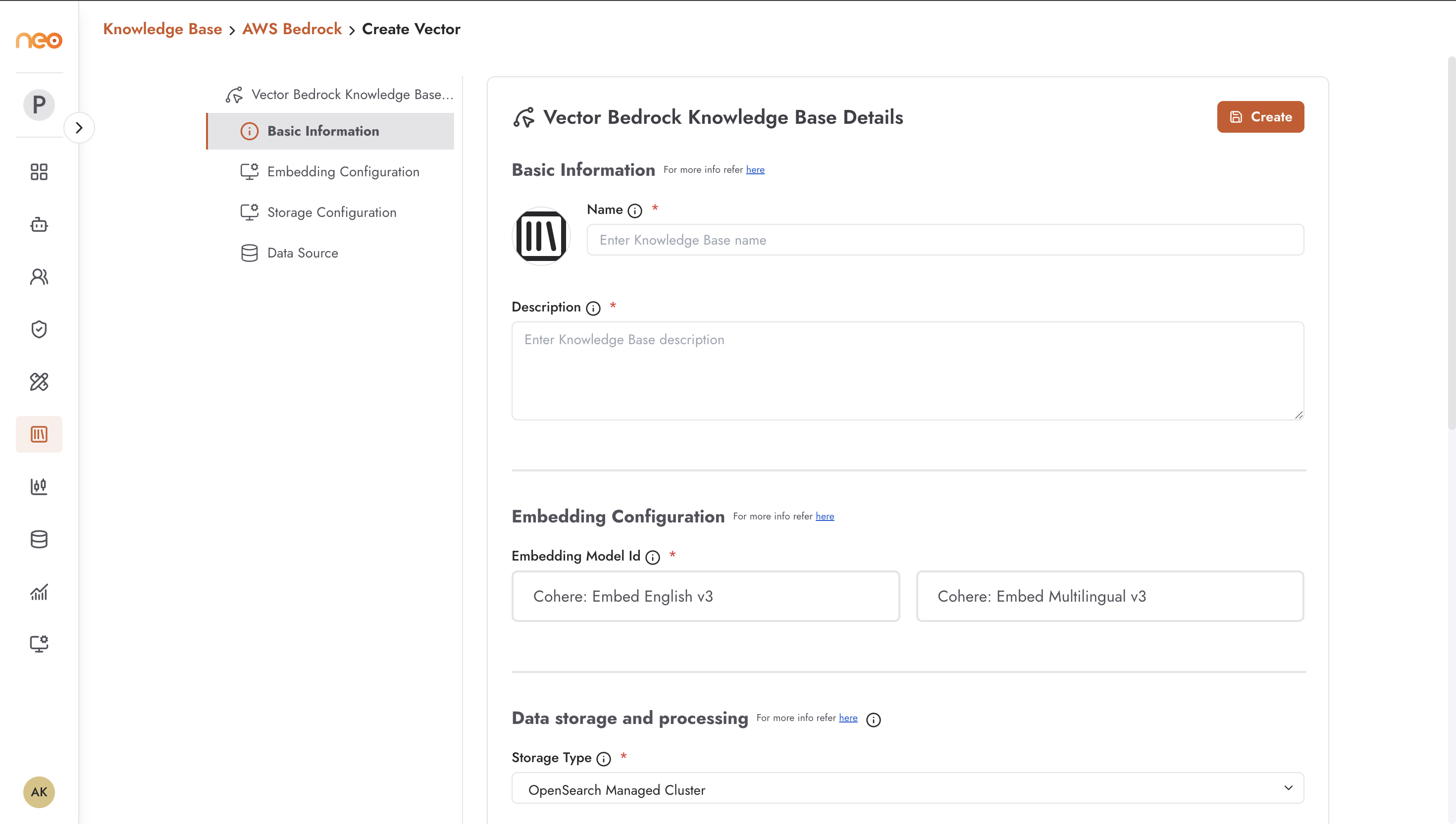 Bedrock Knowledge Base configuration form