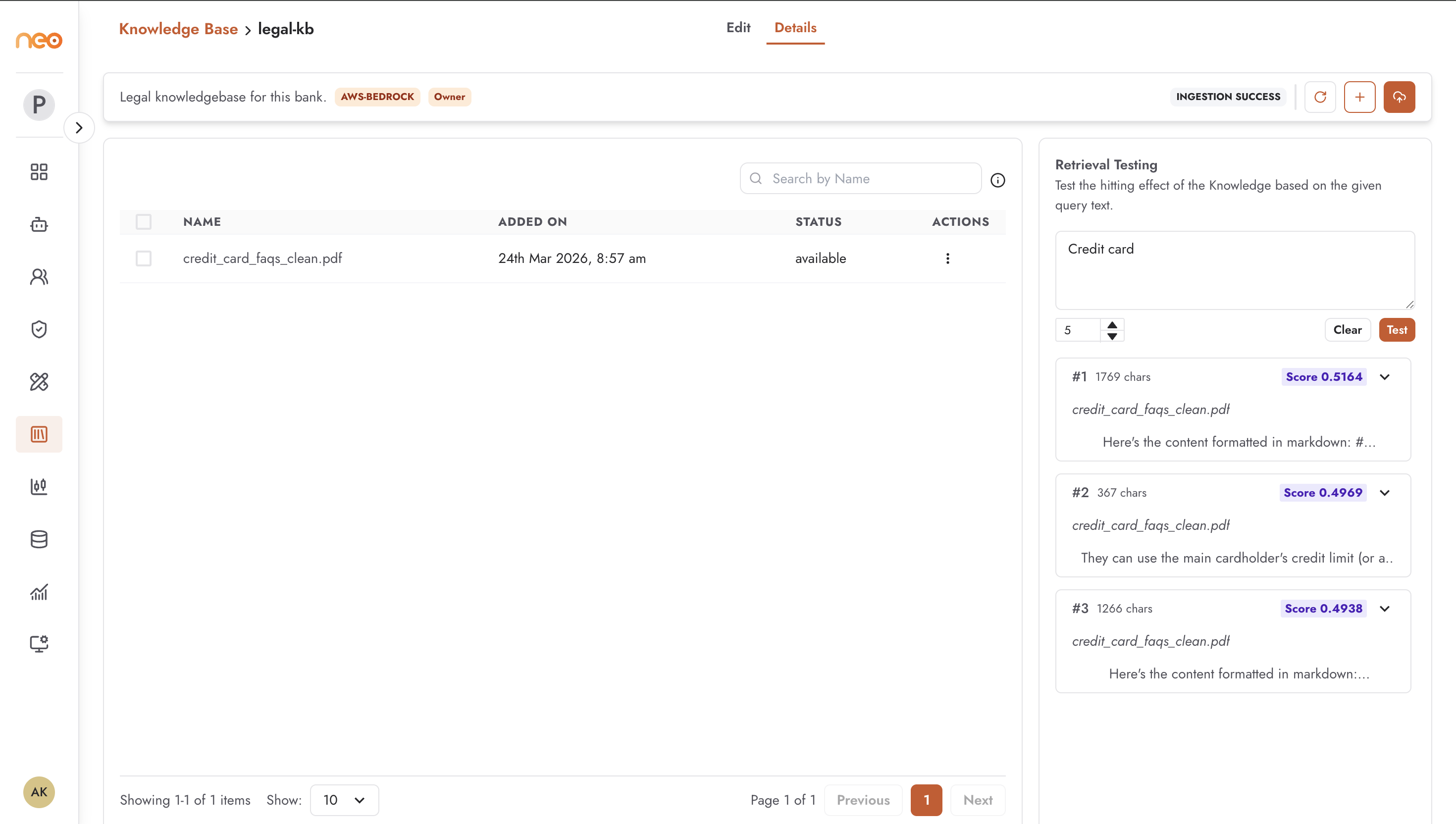 Retrieval Testing panel
