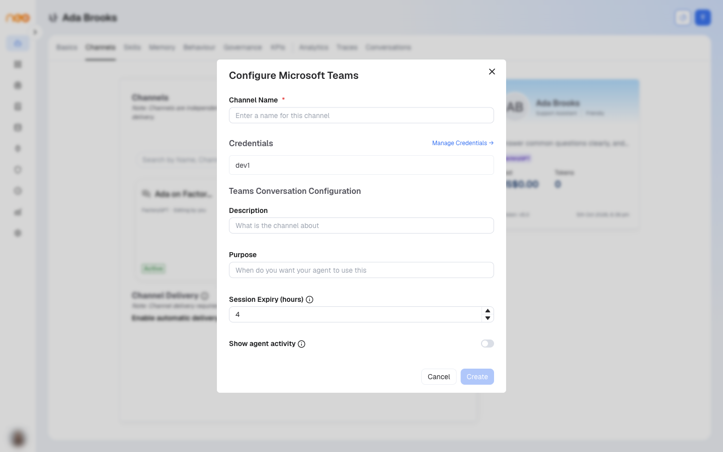 Configure Microsoft Teams form — Channel Name, credential, Conversation settings, and Show agent activity